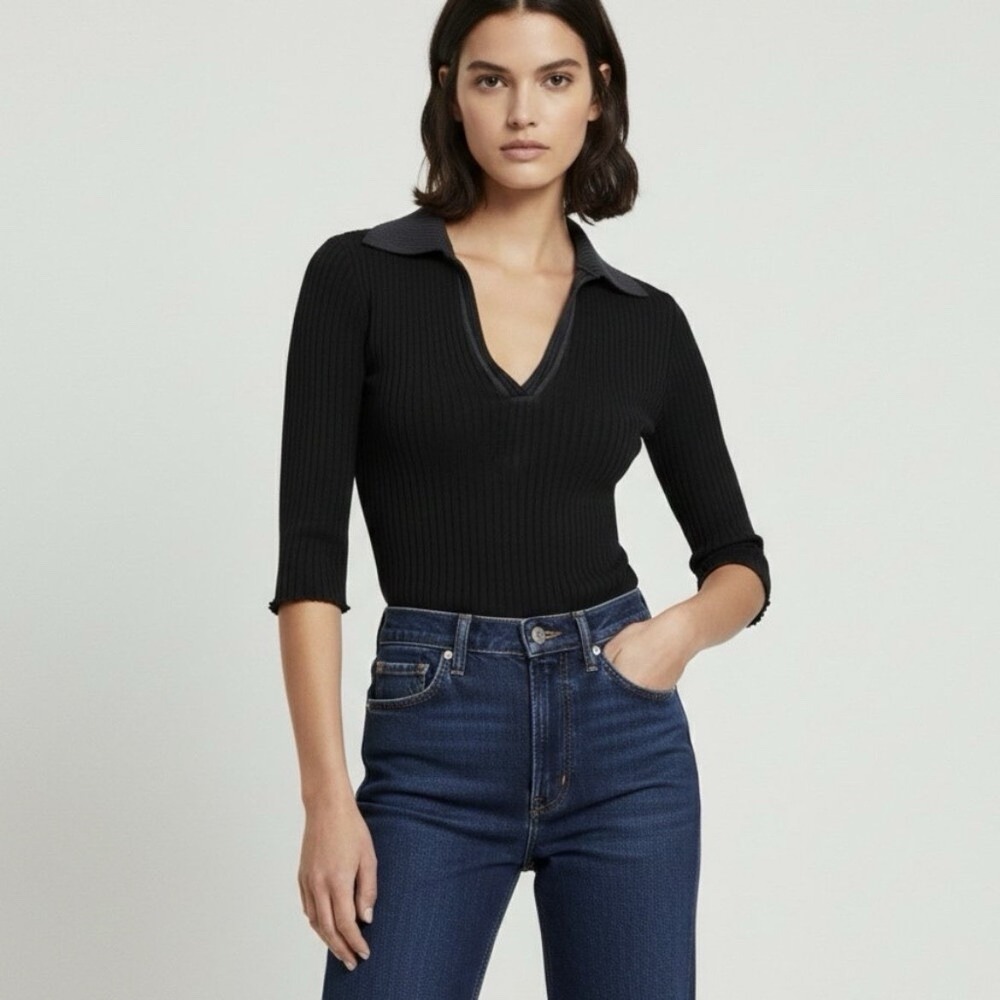 Cotton Citizen Ibiza Short Sleeve‎ Polo Large Vintage Black Ribbed Knit NWT $150